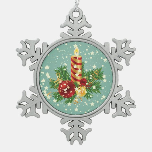 Niedliche Weihnachtskerzen und Glitzern Schneeflocken Zinn-Ornament (Vorderseite)