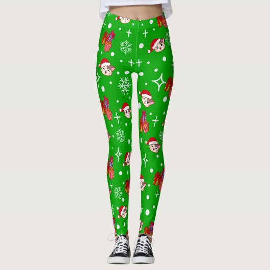 Niedliche Weihnachtskitty Green Leggings (Vorderseite)