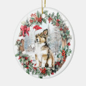 Niedliche Weihnachtskolonie Hündchen-Weihnachtsman Keramik Ornament (Links)