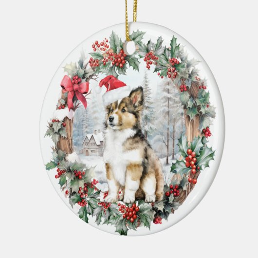 Niedliche Weihnachtskolonie Hündchen-Weihnachtsman Keramik Ornament (Links)