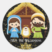 Niedliche Weihnachtskrippe Szene Goldener Glitzer Runder Aufkleber (Vorderseite)