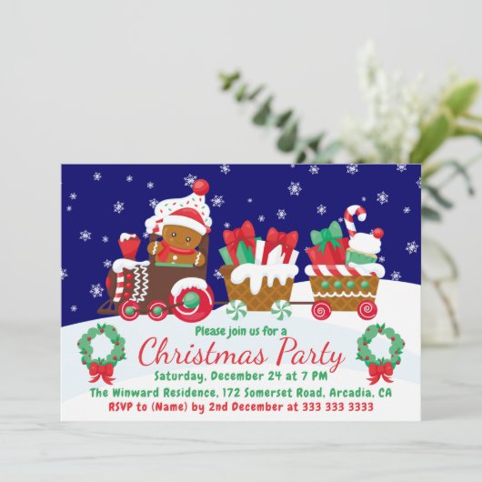 Niedliche Weihnachtskuchenbahn Einladung (Stehend Vorderseite)