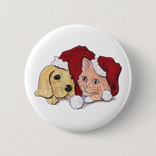 Niedliche Weihnachtsleder Welpe und Orange Tabby Button (Vorderseite)