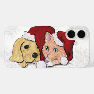 Niedliche Weihnachtsleder Welpe und Orange Tabby iPhone 16 Hülle
