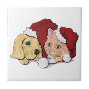 Niedliche Weihnachtsleder Welpe und Orange Tabby Fliese