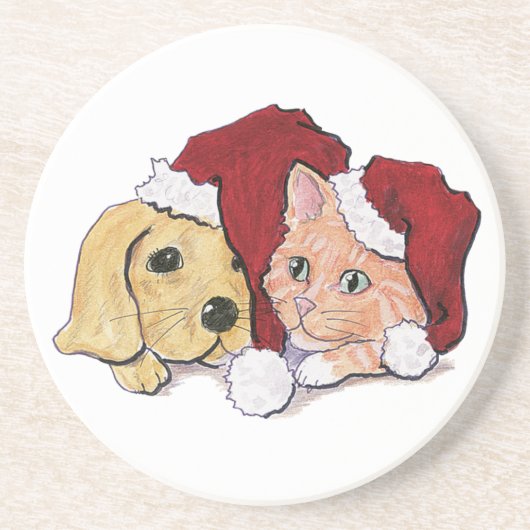 Niedliche Weihnachtsleder Welpe und Orange Tabby Getränkeuntersetzer (Vorne)