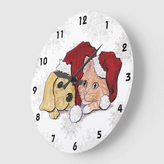 Niedliche Weihnachtsleder Welpe und Orange Tabby Große Wanduhr (Winkel)