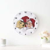 Niedliche Weihnachtsleder Welpe und Orange Tabby Große Wanduhr (Zuhause)