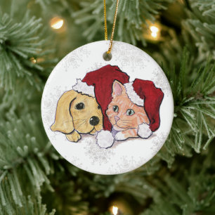 Niedliche Weihnachtsleder Welpe und Orange Tabby Keramikornament