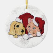 Niedliche Weihnachtsleder Welpe und Orange Tabby Keramikornament (Vorne)