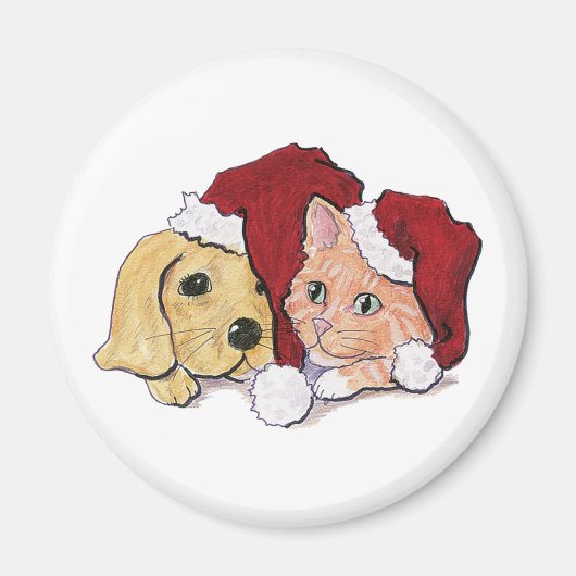 Niedliche Weihnachtsleder Welpe und Orange Tabby Magnet (Vorne)