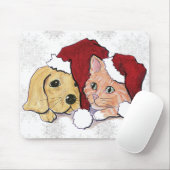 Niedliche Weihnachtsleder Welpe und Orange Tabby Mousepad (Mit Mouse)