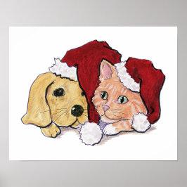 Niedliche Weihnachtsleder Welpe und Orange Tabby Poster