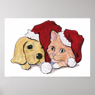 Niedliche Weihnachtsleder Welpe und Orange Tabby Poster