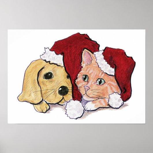 Niedliche Weihnachtsleder Welpe und Orange Tabby Poster (Vorne)