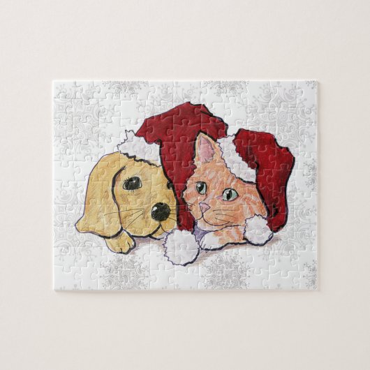 Niedliche Weihnachtsleder Welpe und Orange Tabby Puzzle (Horizontal)
