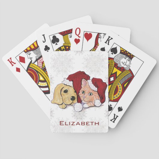 Niedliche Weihnachtsleder Welpe und Orange Tabby Spielkarten (Rückseite)