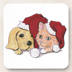 Niedliche Weihnachtsleder Welpe und Orange Tabby Untersetzer