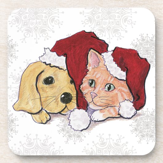 Niedliche Weihnachtsleder Welpe und Orange Tabby Untersetzer (Vorderseite)