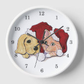 Niedliche Weihnachtsleder Welpe und Orange Tabby Wanduhr (Vorderseite)
