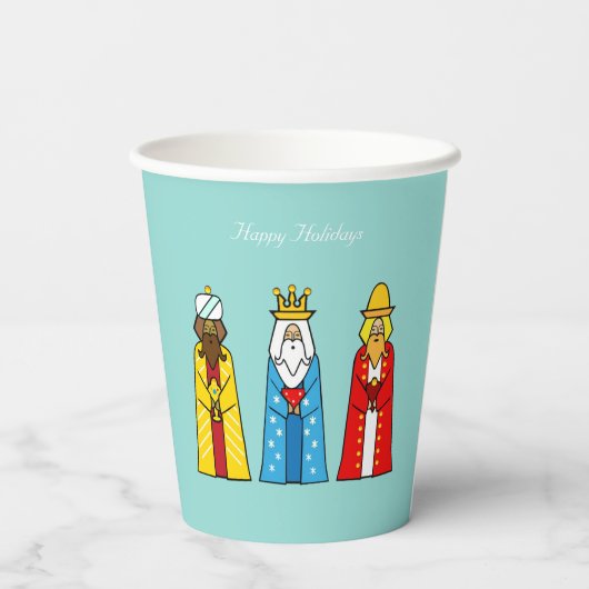 Niedliche Weihnachtsmänner auf Light Blue Paper Cu Pappbecher (Rückseite)