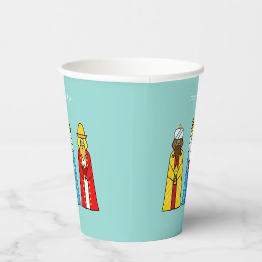 Niedliche Weihnachtsmänner auf Light Blue Paper Cu Pappbecher (Rechts)