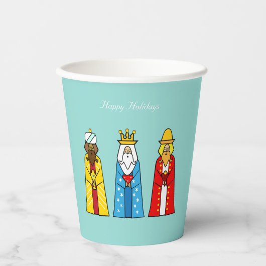 Niedliche Weihnachtsmänner auf Light Blue Paper Cu Pappbecher (Vorderseite)