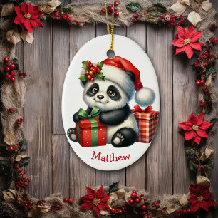 Niedliche Weihnachtsmannmütze Baby Panda Bären Wei Keramik Ornament