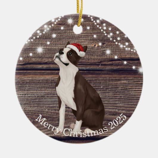 Niedliche Weihnachtsmannmütze Boston Terrier Weihn Keramik Ornament (Vorne)