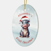 Niedliche Weihnachtsmannmütze Hippopotamus Erster Keramik Ornament (Links)