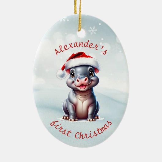 Niedliche Weihnachtsmannmütze Hippopotamus Erster  Keramik Ornament (Hinten)