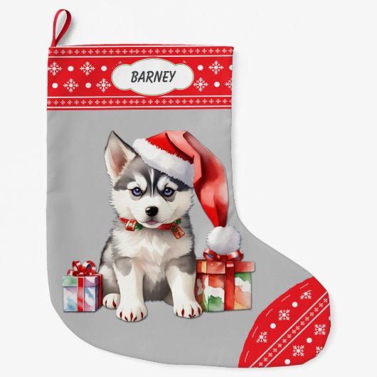 Niedliche Weihnachtsmannmütze Husky Welpe Snowflak Großer Weihnachtsstrumpf (Vorderseite)