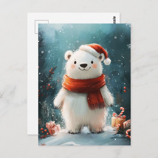 Niedliche Weihnachtsmannmütze mit Polar Bear und S Postkarte (Vorne/Hinten)
