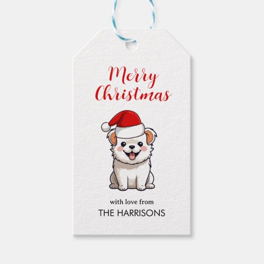 Niedliche Weihnachtsmannmütze Welpen Weihnachten Geschenkanhänger (Vorderseite)