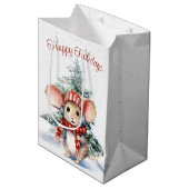 Niedliche Weihnachtsmaus in Schneeflocken Mittlere Geschenktüte (Vorderseite Schrägansicht)
