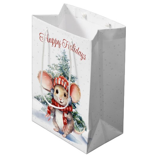 Niedliche Weihnachtsmaus in Schneeflocken Mittlere Geschenktüte (Vorderseite Schrägansicht)