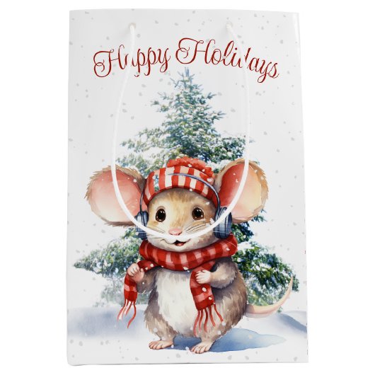 Niedliche Weihnachtsmaus in Schneeflocken Mittlere Geschenktüte (Vorderseite)