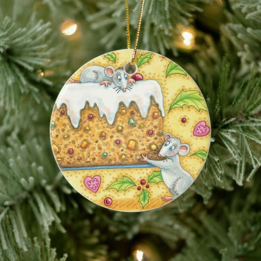 Niedliche Weihnachtsmäuse mit einem Kuchen-Nachtis Keramikornament (Baum)
