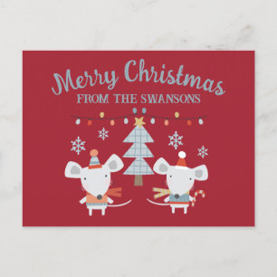 Niedliche Weihnachtsmäuse und Baum auf Burgund Rot Postkarte