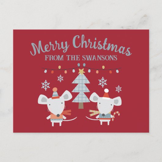 Niedliche Weihnachtsmäuse und Baum auf Burgund Rot Postkarte (Vorderseite)