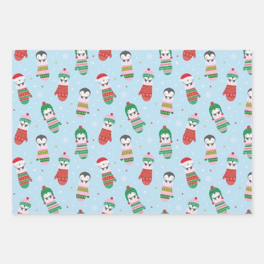 Niedliche WeihnachtsPenguine in Strickfäusten Geschenkpapier Set (Vorderseite)