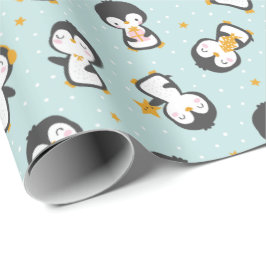 Niedliche Weihnachtspinguine auf blauem Wrapping P Geschenkpapier