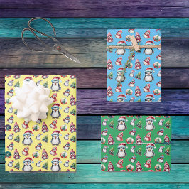 Niedliche Weihnachtspinguine auf Gelb Grün und Bla Geschenkpapier Set