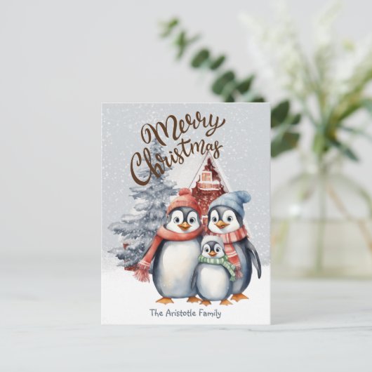 Niedliche Weihnachtspinguine Familienurlaub Postka Postkarte (Stehend Vorderseite)