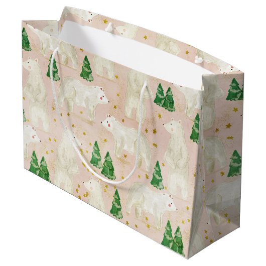 Niedliche Weihnachtspolarbären in Evergreen Forest Große Geschenktüte (Rückseite Schrägansicht)