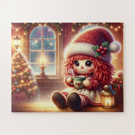 Niedliche Weihnachtspuppe trinkt heiße Schokolade Puzzle