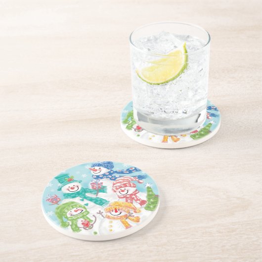 Niedliche Weihnachtsschneefamilie im Schnee Sandstein Untersetzer (Seite)