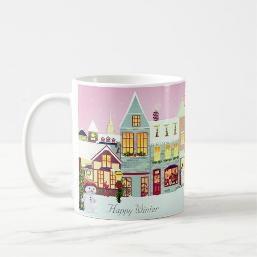 Niedliche Weihnachtsstadt & Snowman auf Rose Gold Kaffeetasse (Links)