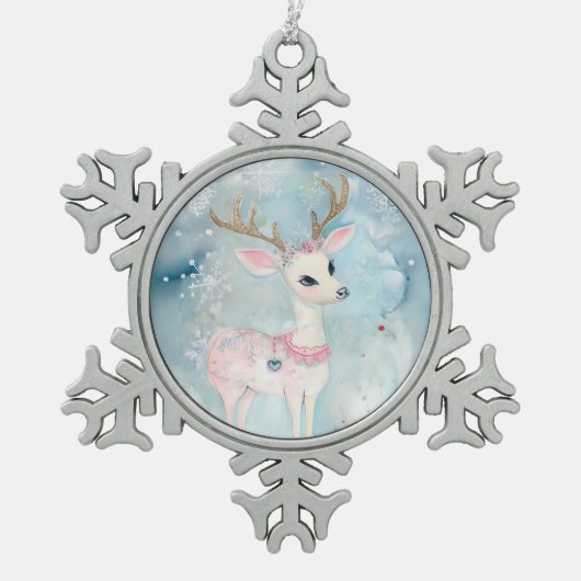 Niedliche Weihnachtstiere Rentier Schneeflocken Zinn-Ornament (Vorderseite)