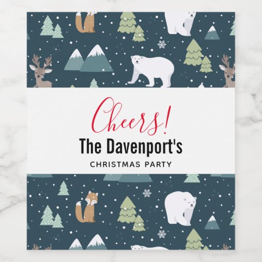 Niedliche Weihnachtstiere Rustikales Muster Weinetikett (Einzelnes Label)